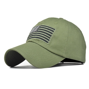 Detail of army green tactical baseball cap with embroidered US flag on durable twill