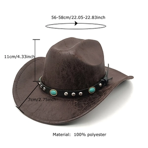 Vintage brown faux leather cowboy hat with turquoise beads and size dimensions shown