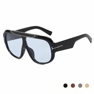 Fashionable oversized aviator sunglasses with T-shaped metal hinges and light blue lenses