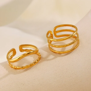 18K gold plated stainless steel geometric layered and wavy crossover rings for women
