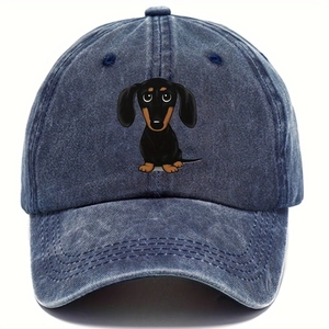 Washed dark blue denim baseball cap featuring a cute cartoon dachshund print on the front