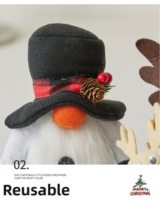Close-up of Christmas gnome with black top hat, pine cone detail, and white faux fur beard