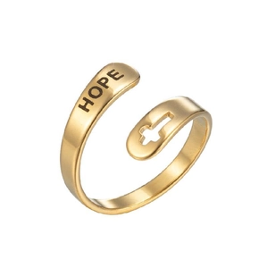 Gold double-layered open ring with engraved HOPE text and hollow cross detail