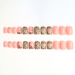 Pink press-on nails set with leopard print and heart rhinestone designs for women