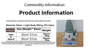 Size chart for 30cm Christmas gnome with LED light, fabric texture, and 100g weight info