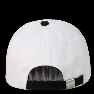 Rear view of white cotton baseball cap showing adjustable black strap and silver buckle