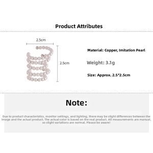 Detail view showing multi-layer pearl ear cuff dimensions and copper material specs