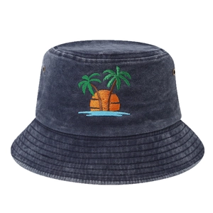 Washed navy blue bucket hat with coconut tree embroidery and vintage sunset design