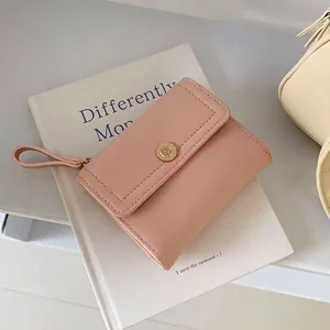Short fashion pink tri-fold faux leather wallet for women with golden rose metal buckle