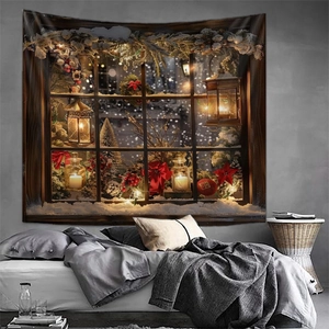 Detailed view of a cozy winter window tapestry with lanterns and candles in a bedroom setting