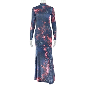 Detail of high neck long sleeve slim fit maxi dress with pink abstract circular print