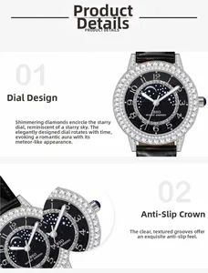 Detail of artistic black star dial with moon phase and crystal bezel on silver watch