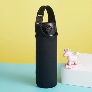 750ml black neoprene water bottle sleeve with adjustable buckle strap on blue surface