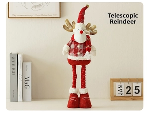 Detail of telescoping reindeer doll with red plaid outfit and golden antlers for Christmas