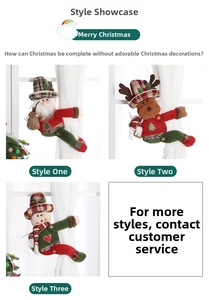 Three festive Christmas curtain tiebacks featuring plush Santa, reindeer, and snowman dolls