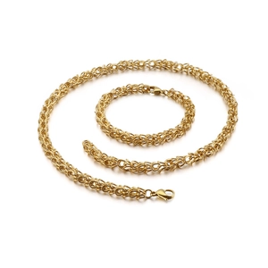 Detail of gold-plated woven basket chain necklace and bracelet set with lobster clasp