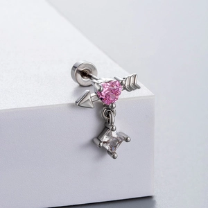 Pink heart zircon bow earring with silver titanium steel screw back piercing jewelry