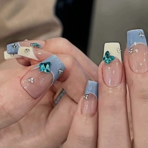 French Tip Blue Butterfly Press On Nails Long Coffin Fake Nails With Sparkling Rhinestone Resin Decor For Women