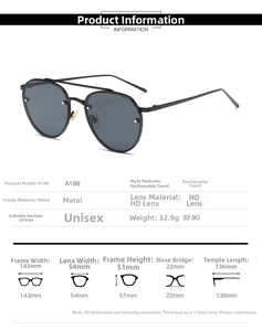 Detailed size chart for metal aviator sunglasses showing frame width and lens height