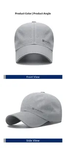 Detail view of grey mesh baseball cap with breathable honeycomb fabric and side embroidery