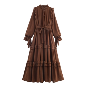 Robe Maxi En Mousseline Style Français Femmes Volants Manches Longues Taille Haute Ourlet À Étages Élégante Rétro Marron
