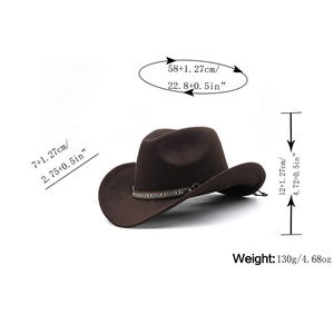 Brown wool fedora cowboy hat with ethnic ribbon and detailed size measurements