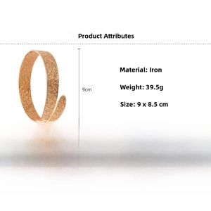 Detailed view of hollow patterned gold metal arm cuff with iron material specs
