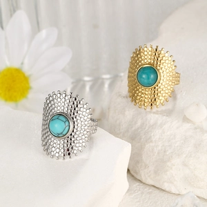 Bohemian style gold and silver stainless steel rings with oval turquoise stone detail