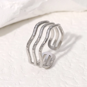 Minimalist silver stainless steel multi-layer wavy open ring with hammered texture finish