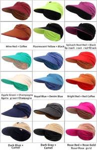Grid display of 18 color variants of wide brim open top sun hats for outdoor sports