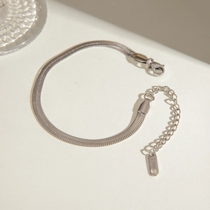Minimalist silver stainless steel flat snake chain bracelet with adjustable lobster clasp