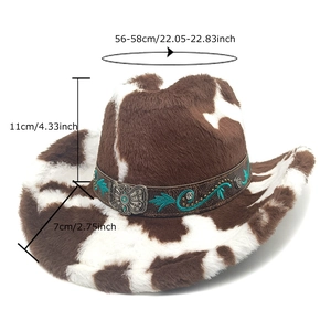 Chapeau de cowboy en peluche imprimé vache avec ceinture vintage turquoise et boucle papillon