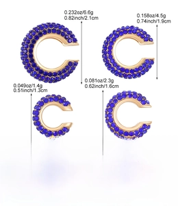 Detailed size guide for gold C-shaped clip-on earrings set with blue gemstones