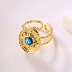 Gold plated evil eye open ring with sunburst totem and enamel finish for women