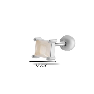 Detail view of 0.5cm silver cartilage stud with a square white stone and screw-back closure