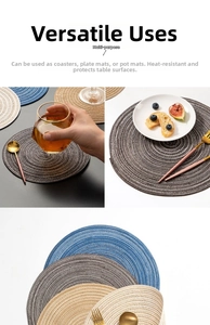 Macro detail of round woven heat-resistant placemats in assorted colors for dining tables