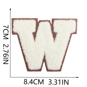 Detailed view of white chenille letter W patch with brown felt edge, size 7x8.4cm
