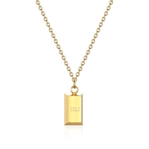 Minimalist gold bar pendant necklace with GOLD engraving on a polished chain