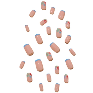 Französisches blaues Nagelset zum Aufdrücken mit Blumenmuster auf 24 Nägeln