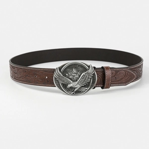 Vintage eagle buckle brown leather belt with embossed patterns for men jeans