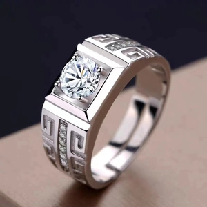 Men's 18K white gold plated ring with moissanite and classic Greek fret pattern