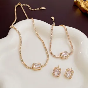 Luxury gold-plated zircon square jewelry set including necklace, bracelet and earrings