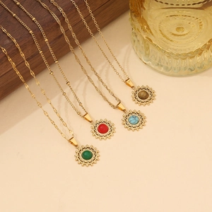 Vintage Stainless Steel Necklace With Natural Stone Sunburst Pendant Gold Plated Bohemian Jewelry For Women