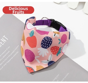 Detail of pink pet bandana with fruit print, purple nylon collar and metal D-ring attachment