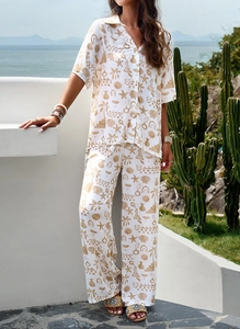 Detail showing the coastal print pattern and linen texture on this vacation set