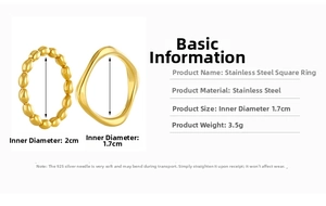 Detailed specs for gold stainless steel geometric rings with 3.5g weight and size data
