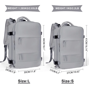 Size comparison between large and small light grey travel backpacks with dimensions