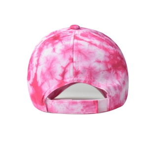 Rear view detail of the pink and white tie-dye cotton visor with adjustable velcro strap