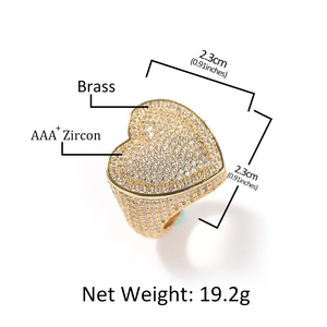 Hip hop style gold heart ring made of brass with AAA zircon including size and weight info