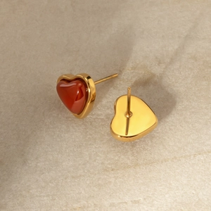 Minimalist 18k gold plated stainless steel stud earrings with red heart shaped stones